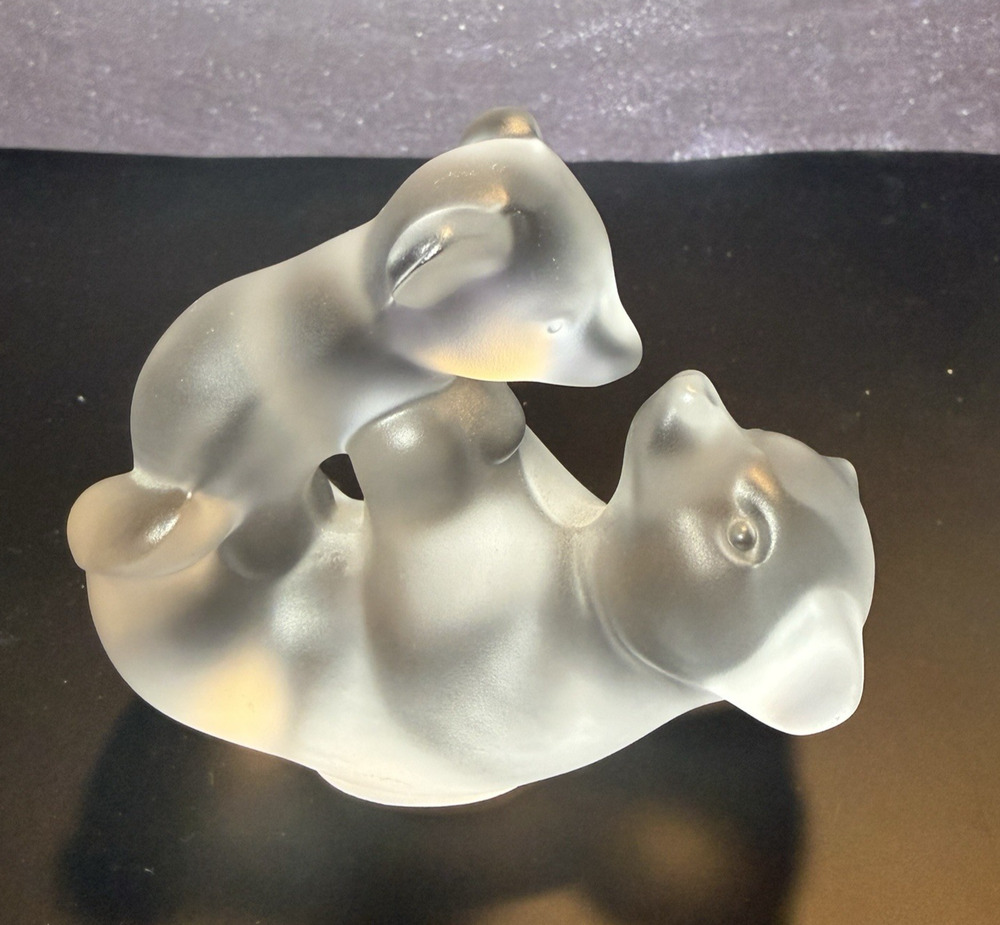 Frosted Art Glass Playful Bear & Cub Figurine Crystal de Sevres Style Unmarked